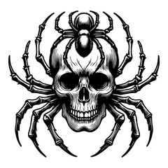 Skull with Spider Design in Black and White. Raster illustration, generative ai.