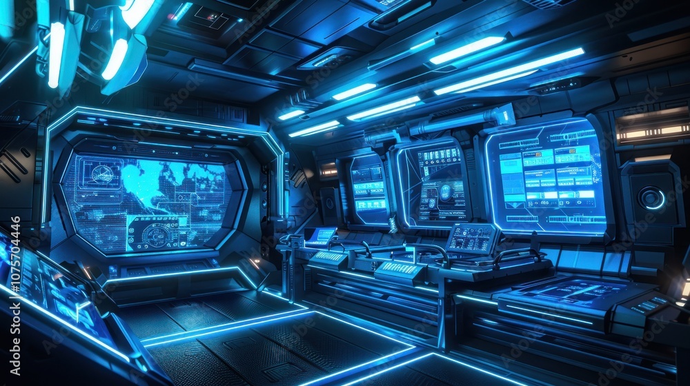 Poster futuristic control room with blue lighting and advanced screens for monitoring and navigation.