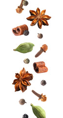 Cloves, cinnamon, anise, cardamom and mix of peppers in air on white background. Set of aromatic spices