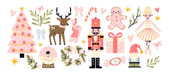 Christmas new year stickers in cartoon style.Cute pink items holiday gifts, nutcracker christmas tree, gingerbread, ballerina. Holiday seasonal vector illustrations in retro Scandinavian groovy style