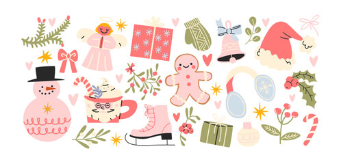 Christmas new year stickers in cartoon style.Cute pink items holiday gifts, nutcracker christmas tree, gingerbread, ballerina. Holiday seasonal vector illustrations in retro Scandinavian groovy style © Limpreom