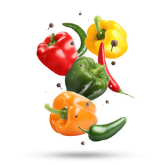 Different fresh peppers and spices in air on white background
