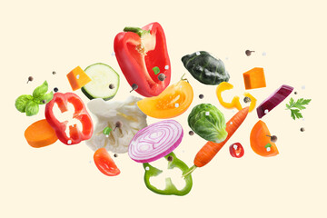 Fresh vegetables, herbs and spices in air on beige background