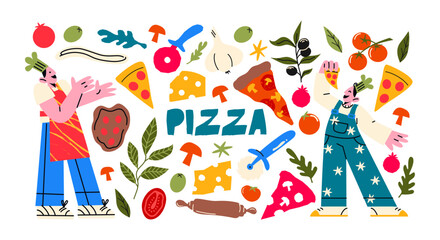 Fototapeta premium Cartoon set pizza men and pizza. Stickers of Italian cuisine cooking pizza, a national dish. Pizza makers bakers characters and trendy food stickers in 90s doodle groovy style