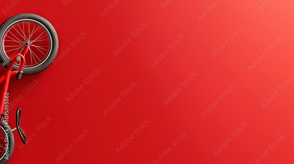 Poster bike on red background - close-up image of a bicycle on a bright red background with its front wheel