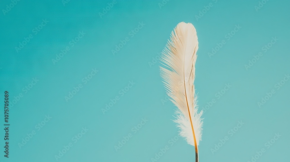 Poster a close-up image of a white feather on a blue background with a blurred image of a bird's tail