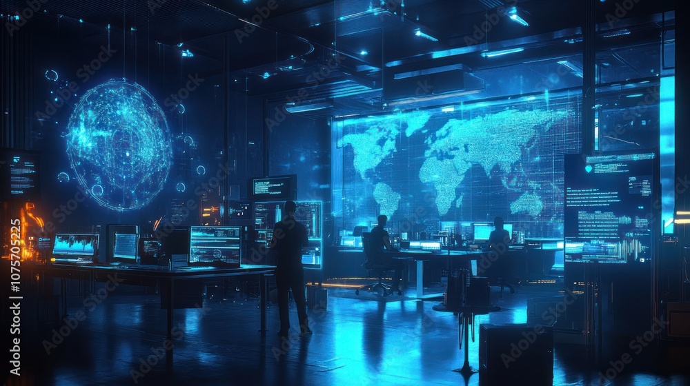 Poster a futuristic control room with digital displays and a global map, emphasizing technology.