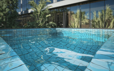 Obraz premium Swimming pool surrounded by lush greenery and modern architecture, with crystal-clear water reflecting vibrant foliage and sleek glass facades, evoking relaxation and tranquility