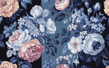 A vibrant digital illustration of a lush floral pattern featuring peonies, daisies, and other elegant blooms in shades of blue, pink, and white. Ideal for fashion design, greeting cards and textiles