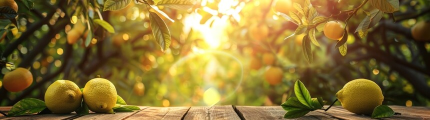 Three vibrant lemons sit among fresh green leaves on weathered wood, illuminated by sunlight...