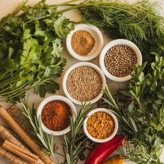A vibrant arrangement of fresh herbs, spices, and seeds on a light-colored surface, showcasing natural culinary ingredients like parsley, dill, cinnamon, cumin, and lentils