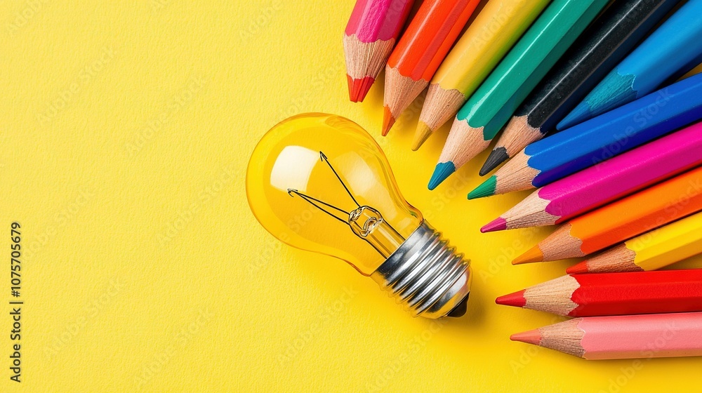 Poster a collection of colored pencils and a lightbulb on a yellow canvas with the lightbulb positioned cen