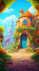 Fototapeta premium Magical Fairytale Castle Landscape. Cozy Atmosphere. Vibrant Cartoon Background. Fantasy Illustration