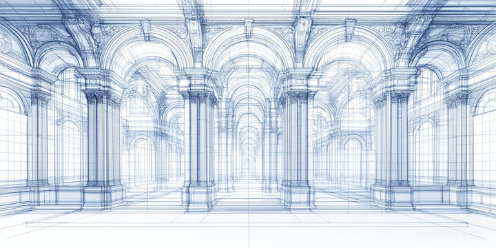 Blueprint drawings of greek or roman columns. Design and engineering plans for ornate archways and pillars, historic architecture for church, cathedral, museum or government building