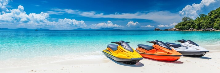 Enjoy jet skiing on sandy beaches with clear blue waters and swaying palm trees. Its the perfect summer getaway, filled with joy and unforgettable adventures for lasting memories