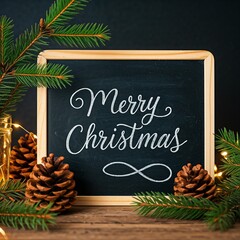 Rustic Chalkboard 'Merry Christmas' with Pinecones