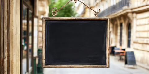 Blank Chalkboard sign on background of blurred cafe entrance. Template mockup for lettering, menu and restaurant advertising, copy space