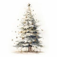 Fairytale white and gold Christmas tree in watercolor