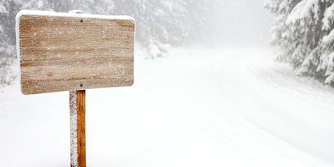 Fototapeta premium Blank wooden road sign against the backdrop of a snowy winter and falling snow, copy space