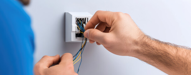 Closeup of Electrician repair man working on electrical socket installation, connecting wires to power socket 