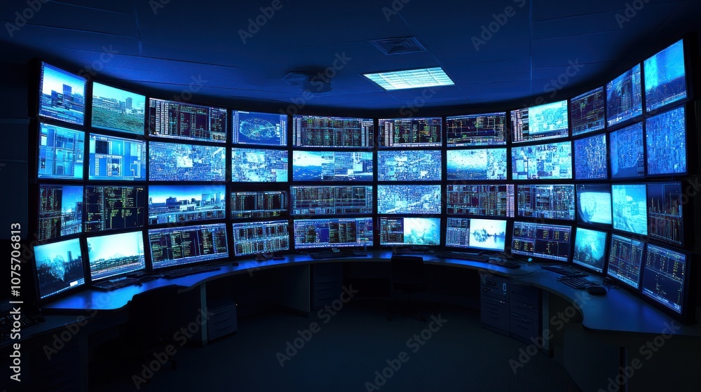 Poster a control room filled with multiple monitors displaying various data and images.