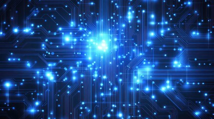 Abstract digital circuit pattern with glowing blue lights and lines.