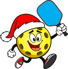 Pickleball Yellow Ball with Santa Hat Running
