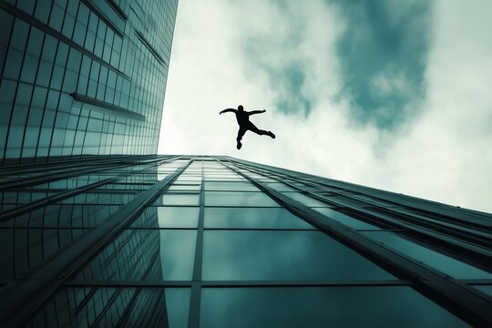 Businessman jumping between skyscrapers taking risk in urban environment
