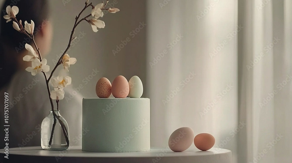 Poster an image of a table with two vases - one filled with eggs and the other with flowers - and a person 
