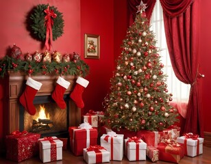 Christmas decorations featuring a beautifully adorned tree, vibrant presents, and a cozy fireplace