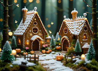 Fototapeta premium Enchanting Gingerbread Candy Village in a Colorful Fantasy Forest with Fireflies Illumination