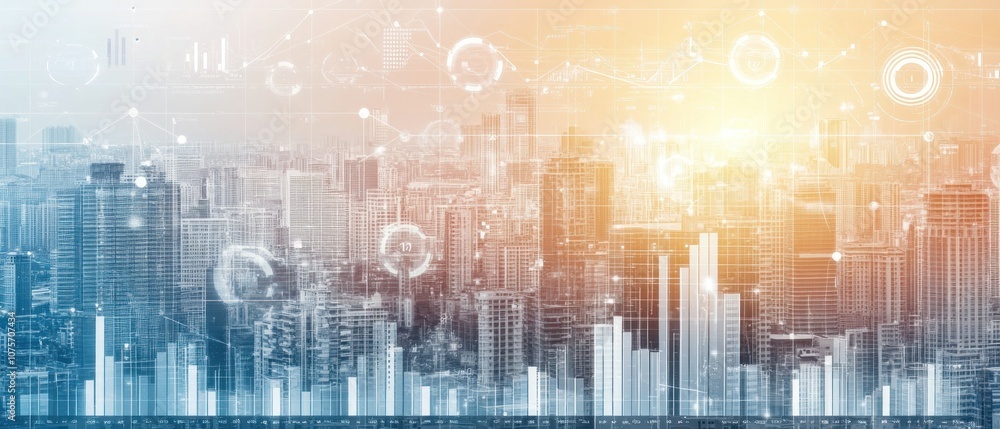 Poster urban skyline with digital overlays representing technology and data analytics.