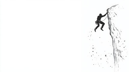 Silhouette of a Mountain Climber Ascending a Steep Cliff with a Minimalist White Background for Adventure and Outdoor Sports Themes