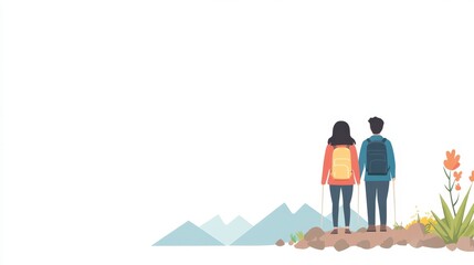 Naklejka premium A Couple Standing Together on a Scenic Mountain Trail Overlooking the Beautiful Landscape, Ready for Their Hiking Adventure Amidst Nature's Serenity