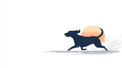 Playful silhouette of a dog running against a minimalist backdrop of a sunset, embodying joy, freedom, and the spirit of adventure in nature's golden hour.