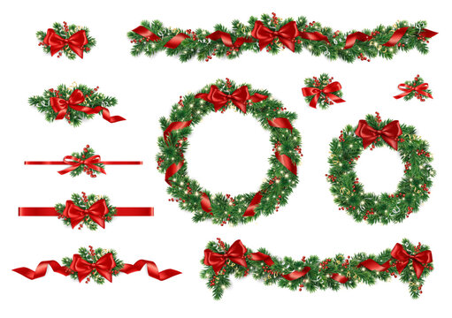 Christmas tree garland. Realistic pine tree branches with red bow and ribbons. Decoration for holiday banners, party posters, cards, headers, social media. Transparent background in vector file.