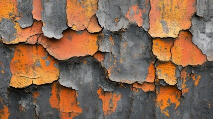 Obraz premium Corroded metal plate with deep rust cracks, layered textures of decayed paint, gritty orange, and earthy tones, macro shot with high detail