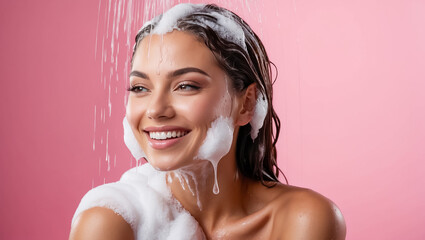 Fototapeta premium beautiful young woman washing her hair with shampoo