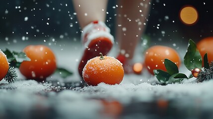   A close-up of a person's feet with oranges on a snow-covered table surrounded by snowflakes