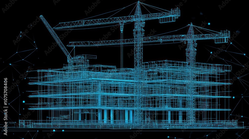 Poster a digital blueprint of a construction site with cranes and structural elements.