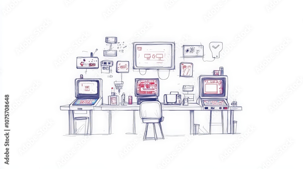 Poster modern laboratory setup with digital screens and instruments illustrating scientific research and ex