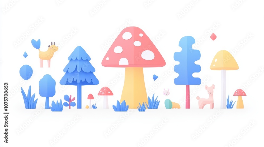 Poster colorful and whimsical forest scene with cute animals and playful trees featuring distinctive mushro