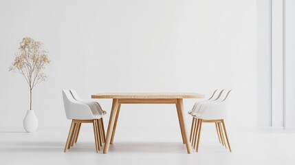 Minimalist rectangular dining table, smooth wooden texture with fabric cushion chairs, arranged symmetrically, placed on pure white background