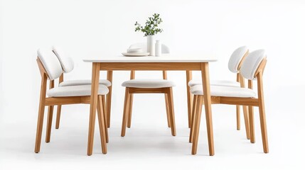 Elegant kitchen dining table with light wood grain finish, accompanied by four fabric-upholstered chairs, simple and clean, studio lighting on white background