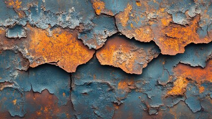 Obraz premium Corroded steel surface with thick rust, layers of peeling blue paint, deep cracks, and rough textures, close-up shot showing intricate details in orange and brown hues