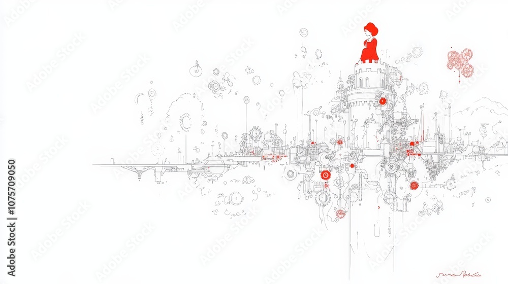 Poster minimalist artwork featuring abstract landscape with a figure in red surrounded by whimsical element