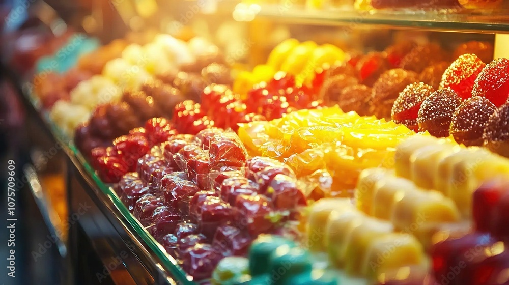 Poster a colorful store display showcases various gummy bear varieties and assorted candies for customers t