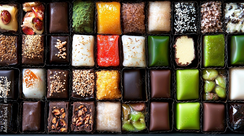 Poster a box of assorted chocolates with nuts and other toppings on each chocolate