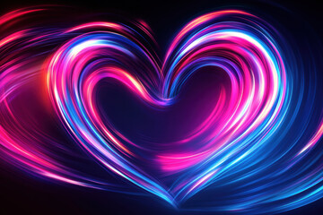 Glowing neon heart with colorful light rays