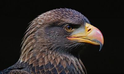 Obraz premium A close-up shot of a Steller's sea eagle's head and beak against a black background